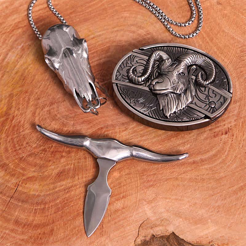 Goat DIY Hidden Knife Belt Buckle Longhorn Pendant Cross Necklace Bundle Set