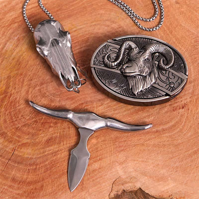 Goat DIY Hidden Knife Belt Buckle Longhorn Pendant Cross Necklace Bundle Set