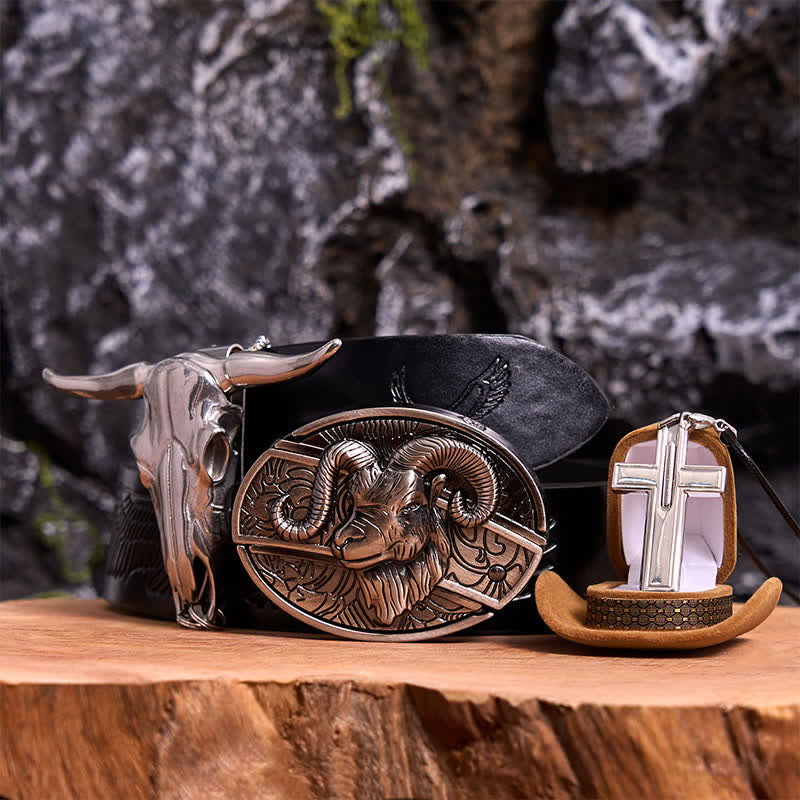 Goat DIY Hidden Knife Belt Buckle Longhorn Pendant Cross Necklace Bundle Set