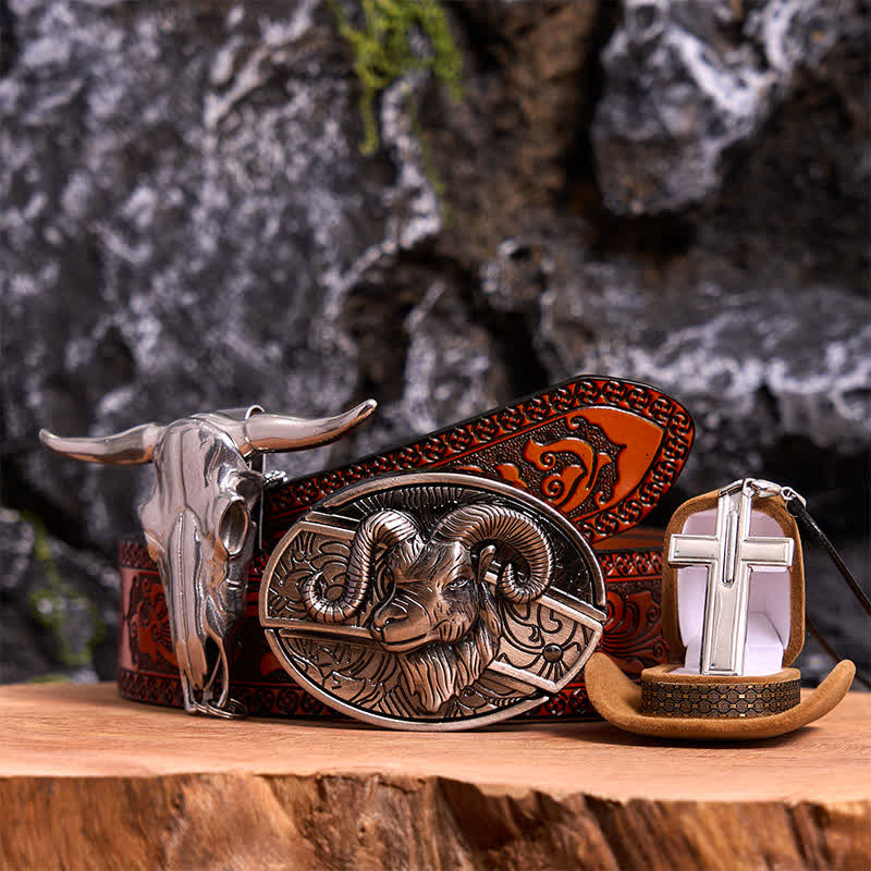Goat DIY Hidden Knife Belt Buckle Longhorn Pendant Cross Necklace Bundle Set