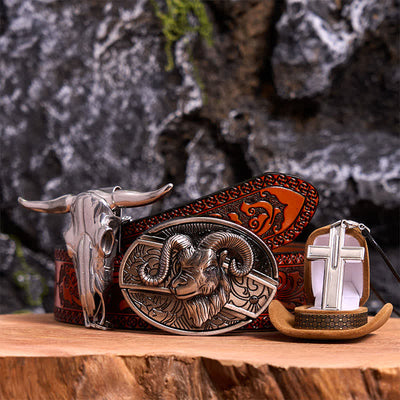 Goat DIY Hidden Knife Belt Buckle Longhorn Pendant Cross Necklace Bundle Set
