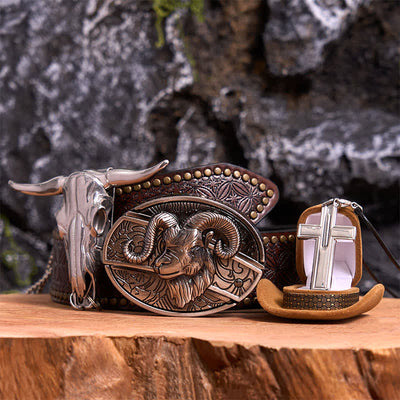 Goat DIY Hidden Knife Belt Buckle Longhorn Pendant Cross Necklace Bundle Set