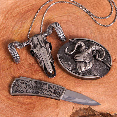 Goat DIY Hidden Knife Belt Buckle Skull Sheep Pendant Bundle Set