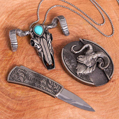 Goat DIY Hidden Knife Belt Buckle Turquoise Skull Sheep Pendant Bundle Set