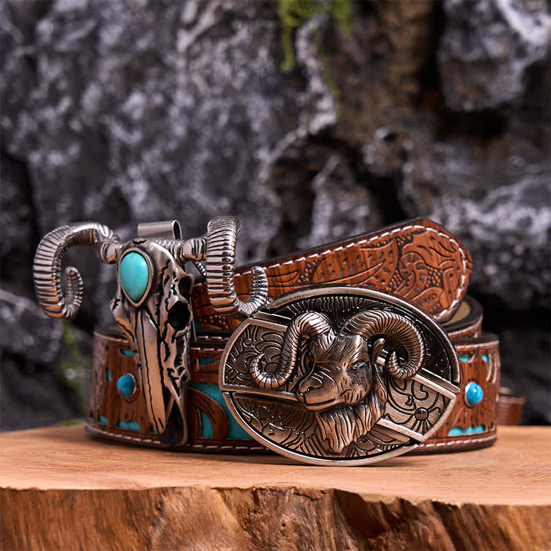 Goat DIY Hidden Knife Belt Buckle Turquoise Skull Sheep Pendant Bundle Set