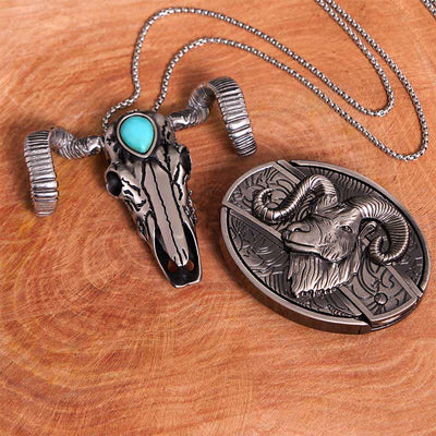 Goat DIY Hidden Knife Belt Buckle Turquoise Skull Sheep Pendant Bundle Set