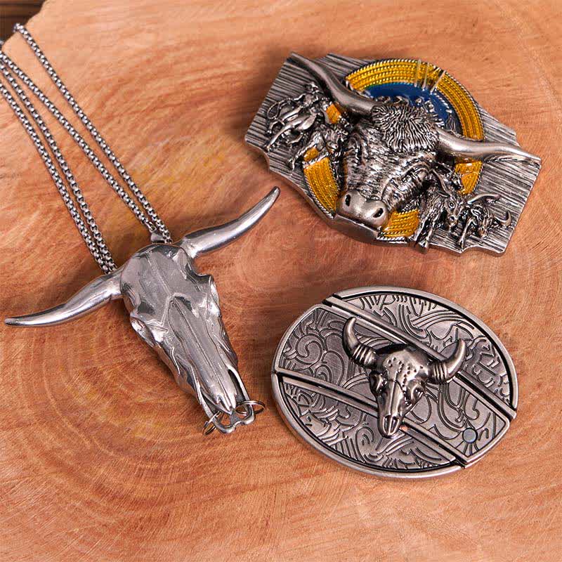 Longhorn Bull Theme DIY Hidden Knife Belt Buckle Pendant Bundle Set