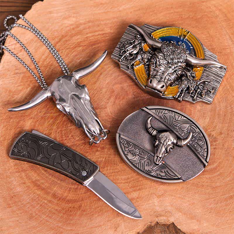 Longhorn Bull Theme DIY Hidden Knife Belt Buckle Pendant Bundle Set