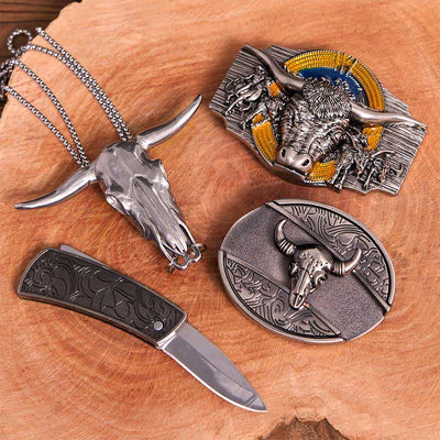 Longhorn Bull Theme DIY Hidden Knife Belt Buckle Pendant Bundle Set