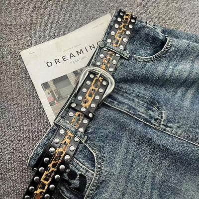 Women's Leopard Print Belt With Rivet Leather Belt