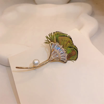 Women's Green Peacock Feather Gingko Leaf Shape Brooch