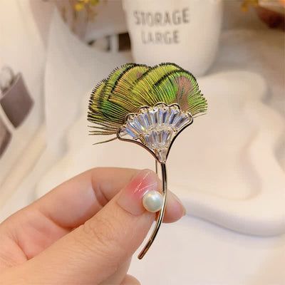 Women's Green Peacock Feather Gingko Leaf Shape Brooch