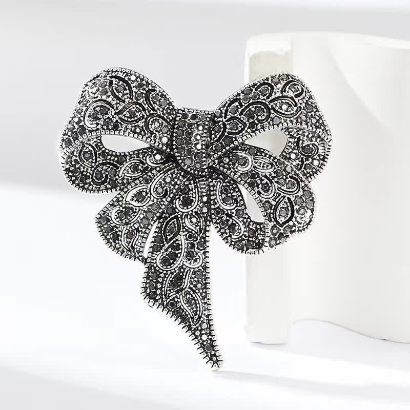 Women's Antique Silver Bow Knot Shape Rhinestones Brooch
