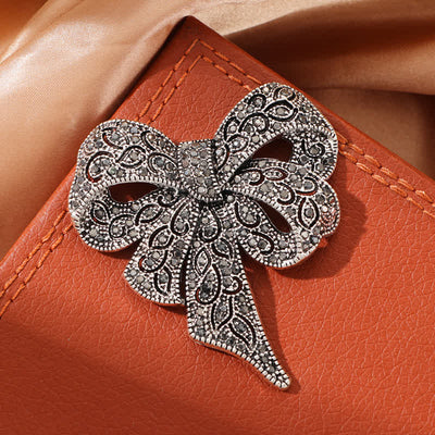 Women's Antique Silver Bow Knot Shape Rhinestones Brooch