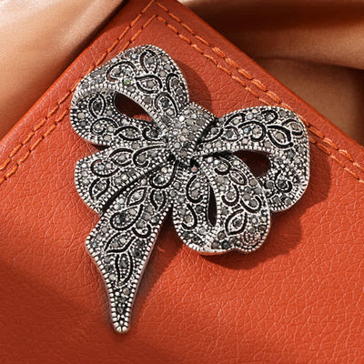 Women's Antique Silver Bow Knot Shape Rhinestones Brooch