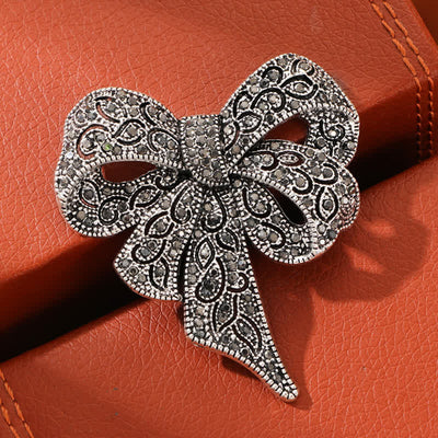 Women's Antique Silver Bow Knot Shape Rhinestones Brooch