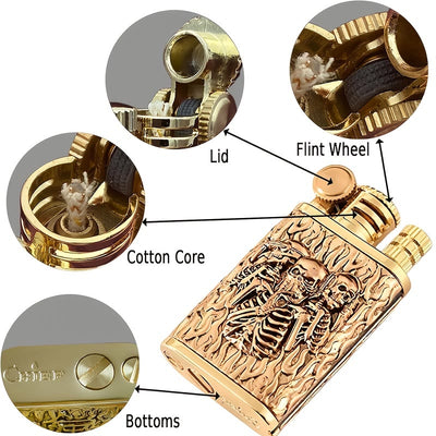 2-In-1 Permanent Match Flint Wheel Embossing Skull Kerosene Lighter