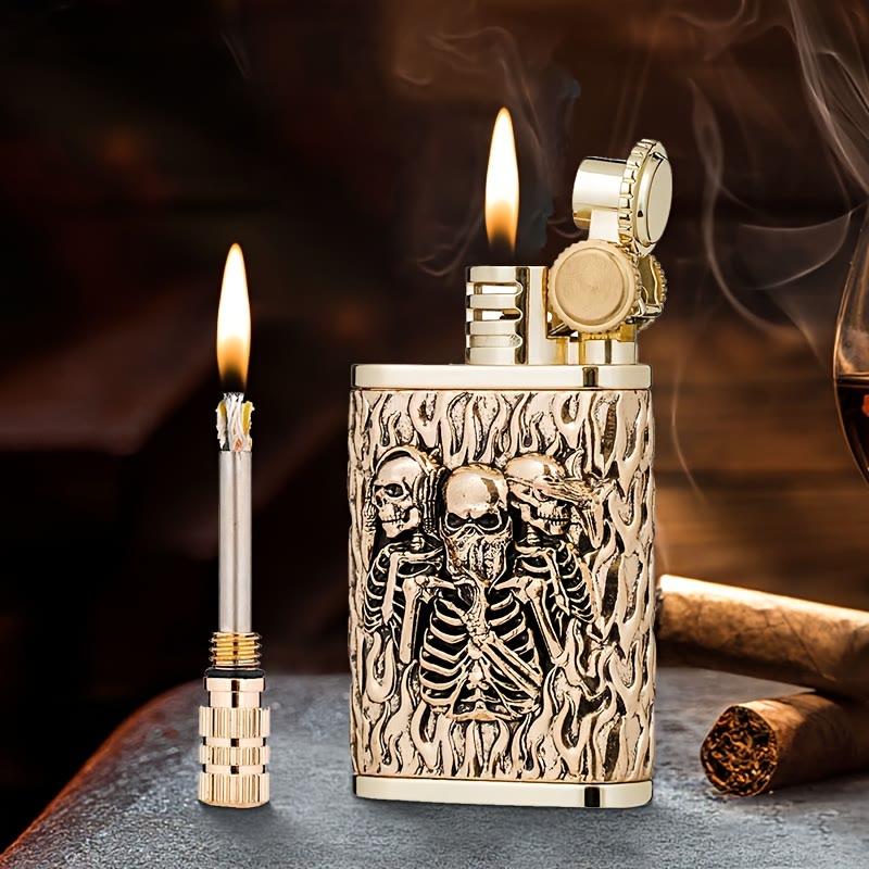 2-In-1 Permanent Match Flint Wheel Embossing Skull Kerosene Lighter