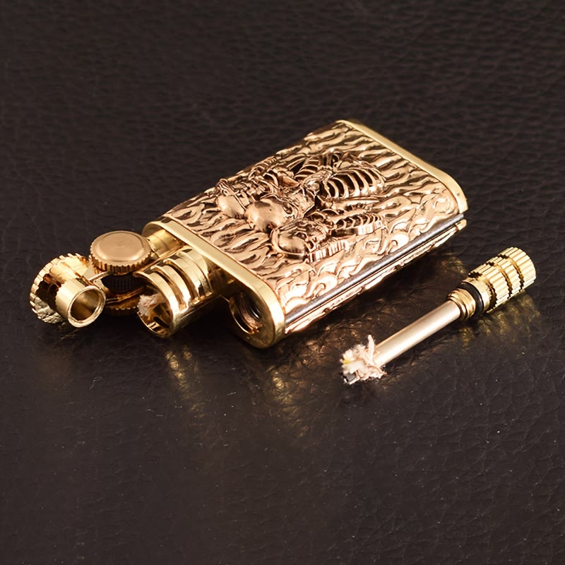 2-In-1 Permanent Match Flint Wheel Embossing Skull Kerosene Lighter