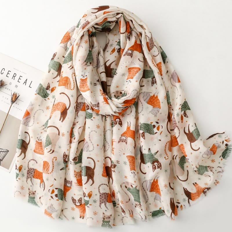 Women's Cat Kitten Printed Lightweight Thin Scarf