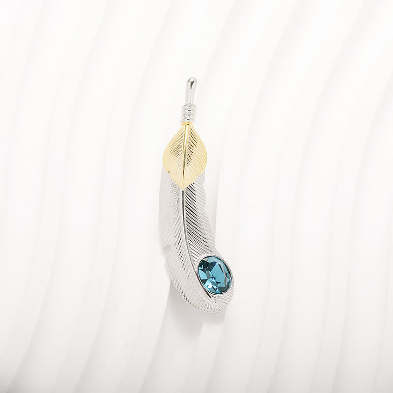 Unisex Faux Blue Crystal Feather Shape Brooch