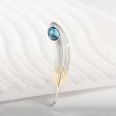 Unisex Faux Blue Crystal Feather Shape Brooch
