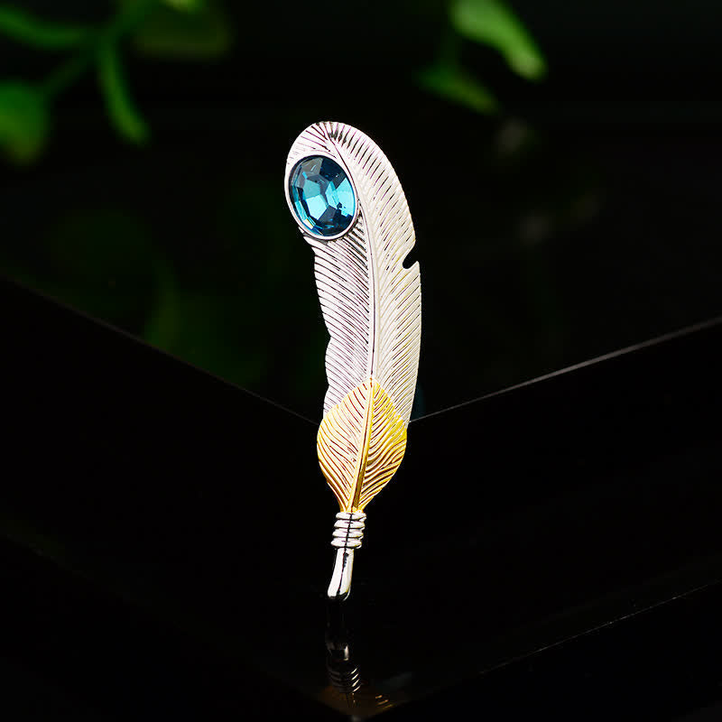 Unisex Faux Blue Crystal Feather Shape Brooch