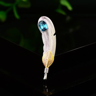 Unisex Faux Blue Crystal Feather Shape Brooch