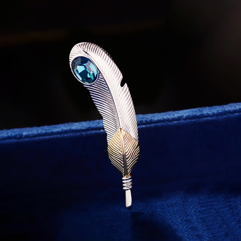Unisex Faux Blue Crystal Feather Shape Brooch