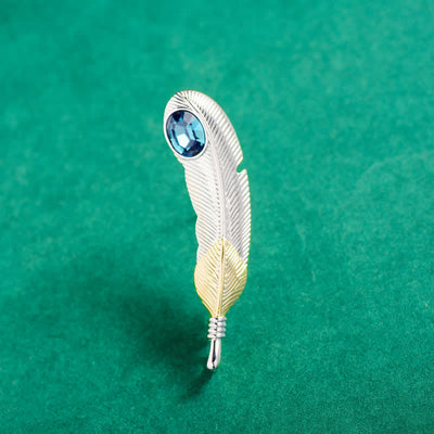 Unisex Faux Blue Crystal Feather Shape Brooch