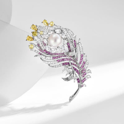 Unisex Pink & Yellow Rhinestone Pearl Feather Shape Brooch