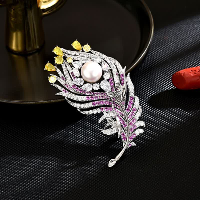 Unisex Pink & Yellow Rhinestone Pearl Feather Shape Brooch