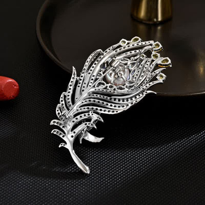 Unisex Pink & Yellow Rhinestone Pearl Feather Shape Brooch