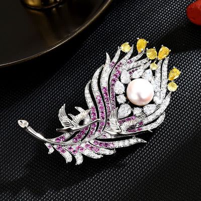 Unisex Pink & Yellow Rhinestone Pearl Feather Shape Brooch