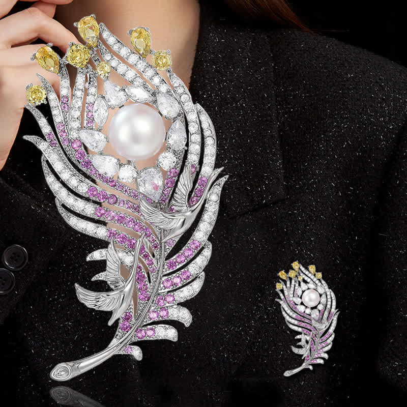 Unisex Pink & Yellow Rhinestone Pearl Feather Shape Brooch