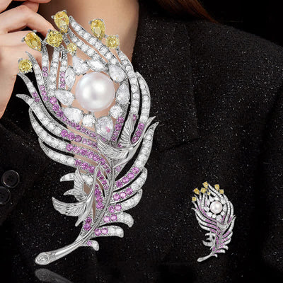 Unisex Pink & Yellow Rhinestone Pearl Feather Shape Brooch