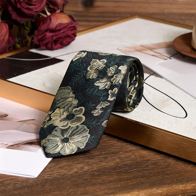 Men's Pine Forest Green Floral Necktie Pocket Square