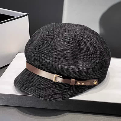 Women's Woven Leather Band Decor Beach Straw Beret Hat