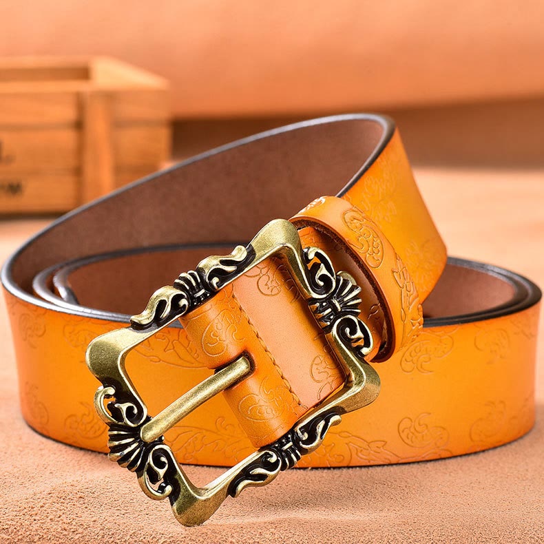 Women's Wide Buckle Floral Pattern Leather Belts