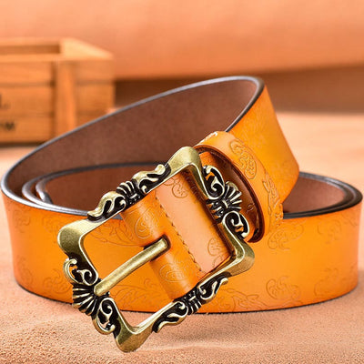 Women's Wide Buckle Floral Pattern Leather Belts