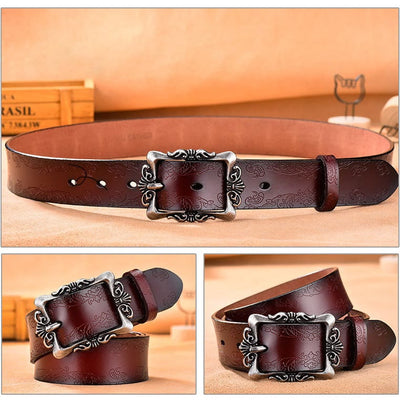 Women's Wide Buckle Floral Pattern Leather Belts