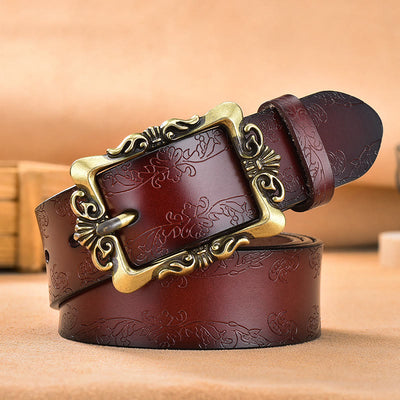 Women's Wide Buckle Floral Pattern Leather Belts