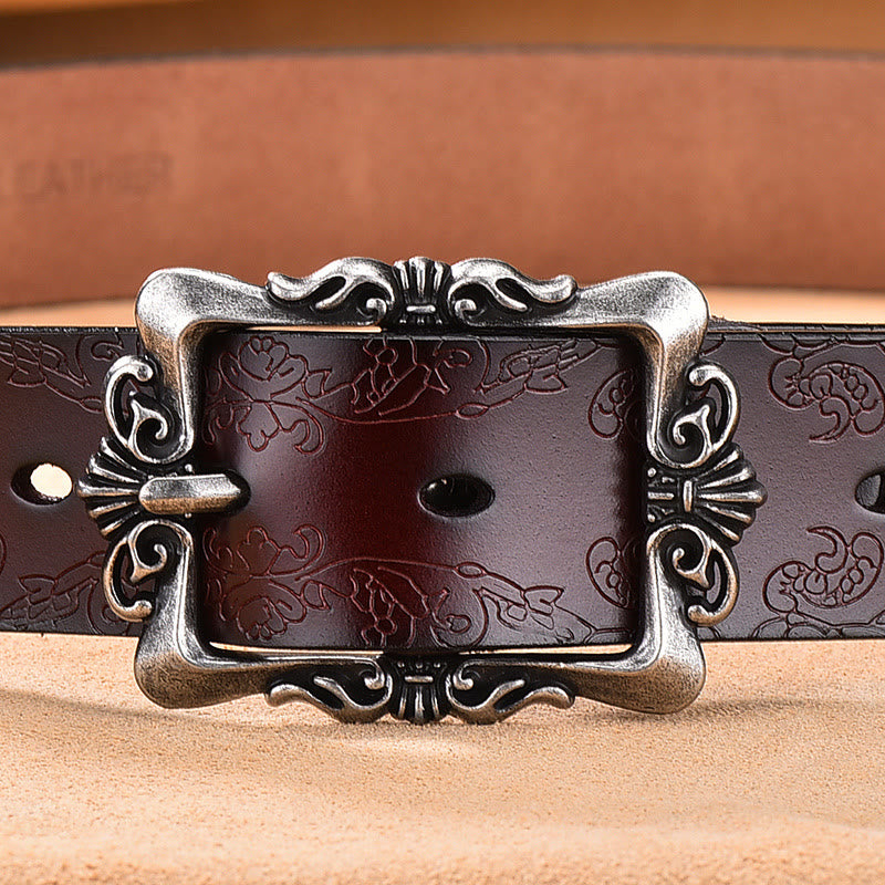 Women's Wide Buckle Floral Pattern Leather Belts