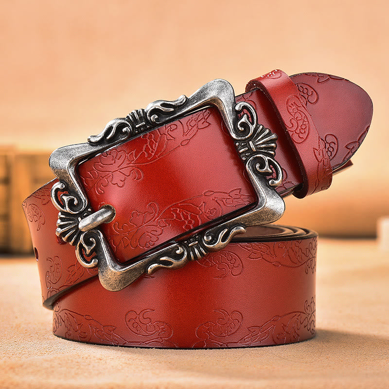 Women's Wide Buckle Floral Pattern Leather Belts