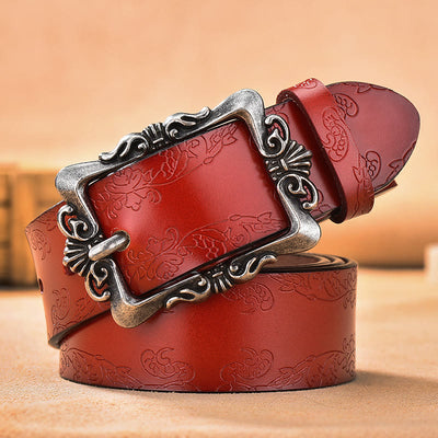 Women's Wide Buckle Floral Pattern Leather Belts