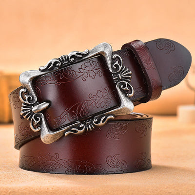 Women's Wide Buckle Floral Pattern Leather Belts
