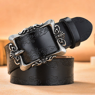Women's Wide Buckle Floral Pattern Leather Belts