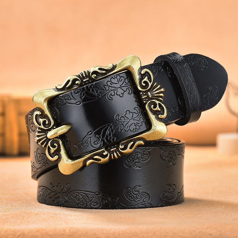 Women's Wide Buckle Floral Pattern Leather Belts