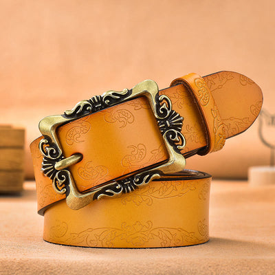 Women's Wide Buckle Floral Pattern Leather Belts