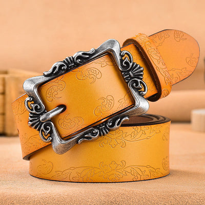 Women's Wide Buckle Floral Pattern Leather Belts